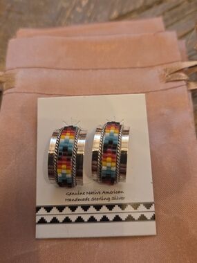 Genuine Native American Handmade Sterling Silver Multicolor Beaded Hoop Earrings